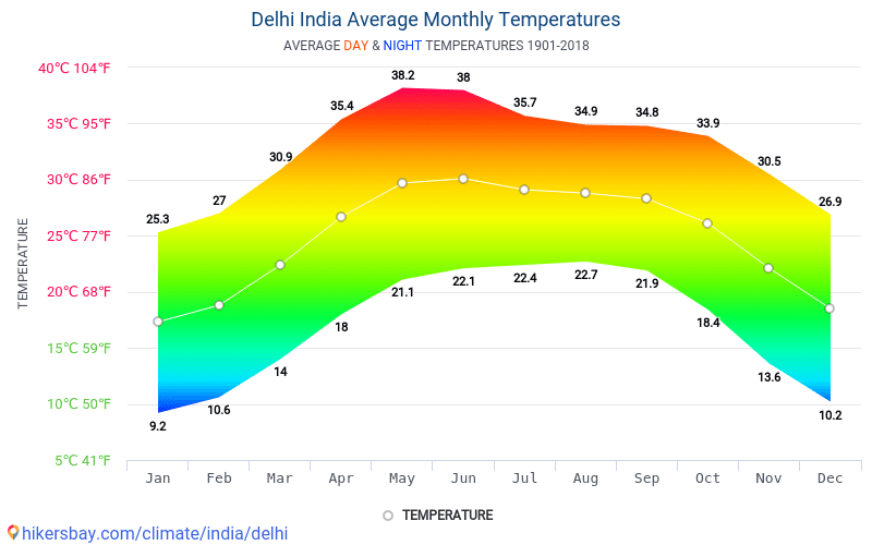 Data tables and charts monthly and yearly climate conditions in Delhi
